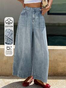 Livesso Jeans en denim taille haute ample à jambes larges pour femmes, avec poches latérales, bleu clair, convient pour les vacances et le port décontracté d'été - Blanc - Voir 1