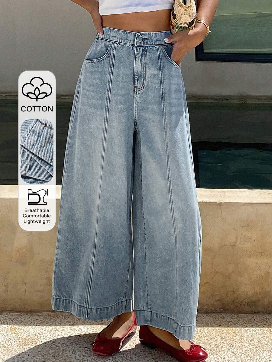 Livesso Jeans en denim taille haute ample à jambes larges pour femmes, avec poches latérales, bleu clair, convient pour les vacances et le port décontracté d'été - Blanc - Voir 1