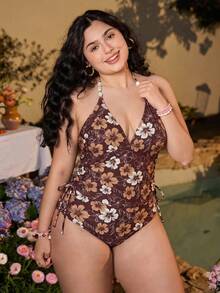 Swim Mod 2026 Nuevo Traje de Baño Tankini Casual Elegante con Cordón y Estampado Aleatorio para Mujer Talla Grande, Verano - Café integral 2 - Ver 3