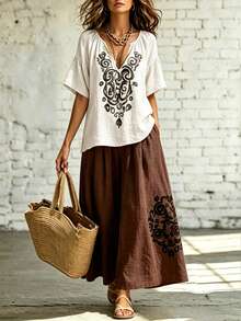 EMERY ROSE Summer Countryside Casual Vacation Bohemian Print Textured V-Neck Ruched Splice Drop Shoulder Blouse And Wide Leg Loose Pants 2-Piece Set For Women - Multicolor - View 4