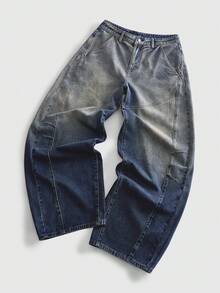 ROMWE MEN Street Life Men's Relaxed Fit Pocketed Button Fly Casual Denim Jeans - Dark Wash - View 1