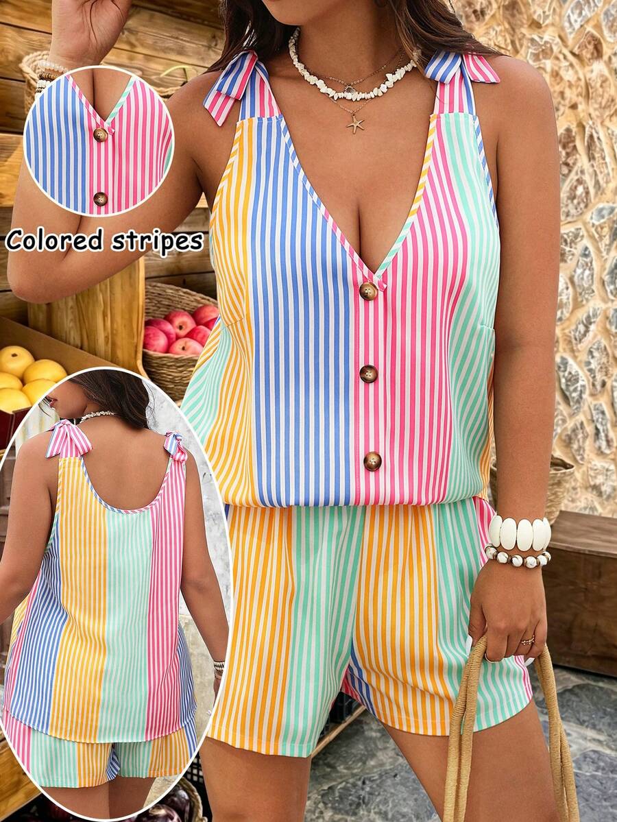 EMERY ROSE Plus Size Women Striped Single-Breasted Vest Shirt And Shorts Casual 2 Pieces Set - Multicolor - View 1