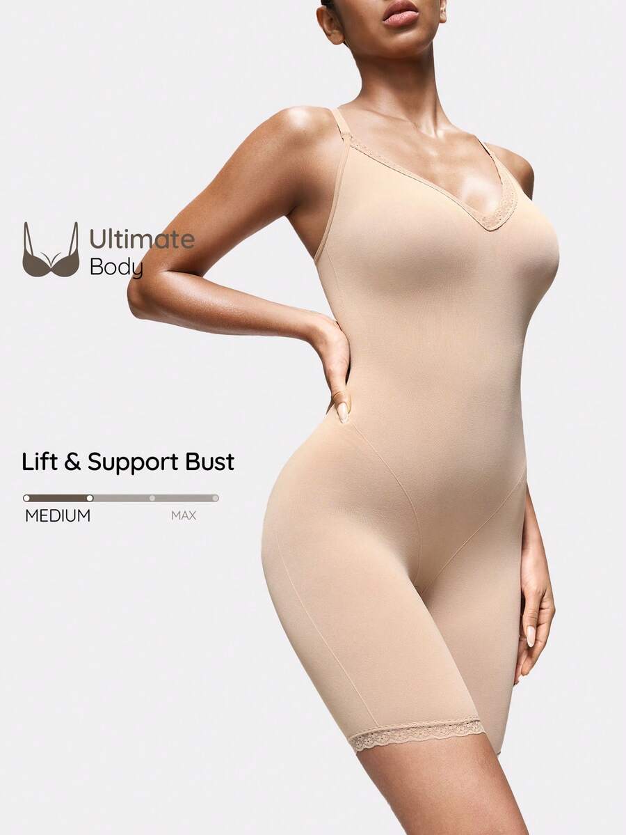 SHAPORA Women's Solid Color V-Neck Long Sleeve Slim Fit Casual Jumpsuit Shapewear Bodysuit - Khaki - View 1