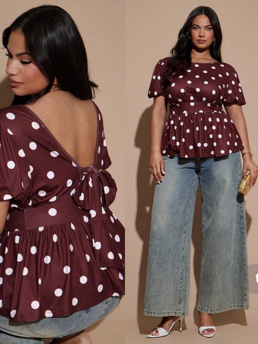 SHEIN BAE CURVE 大尺碼女款波點露背短版上衣 - 彩色 - 查看 1