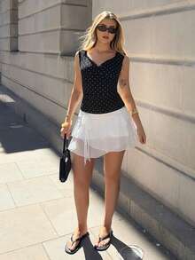 hollyjadebate Women's Multi-Layer Ruffle Trim Low Rise Y2K Mini Black Skirt Summer - White - View 1