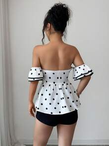 SHEIN Raffinéa Women's Polka Dot Pattern Twist Design Fashionable Off-Shoulder Blouse - White - View 2