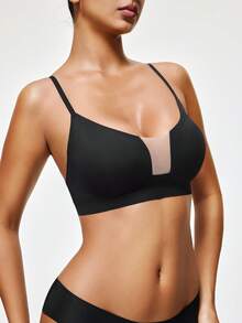 SHAPORA Women's Solid Color Mesh Patchwork Comfortable Bra - Black - View 2