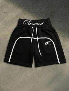 SWAVVY Men's Drawstring Waist Letter Print Casual Versatile Daily Outing Shorts - Black - View 6