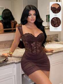 SHEIN SXY Sexy Lace Patchwork Bustier Dress - Brown - View 2