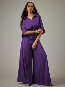 NYA SZN Conjunto a juego con top con cremallera y pantalón de pierna ancha a rayas - Morado - Ver 5