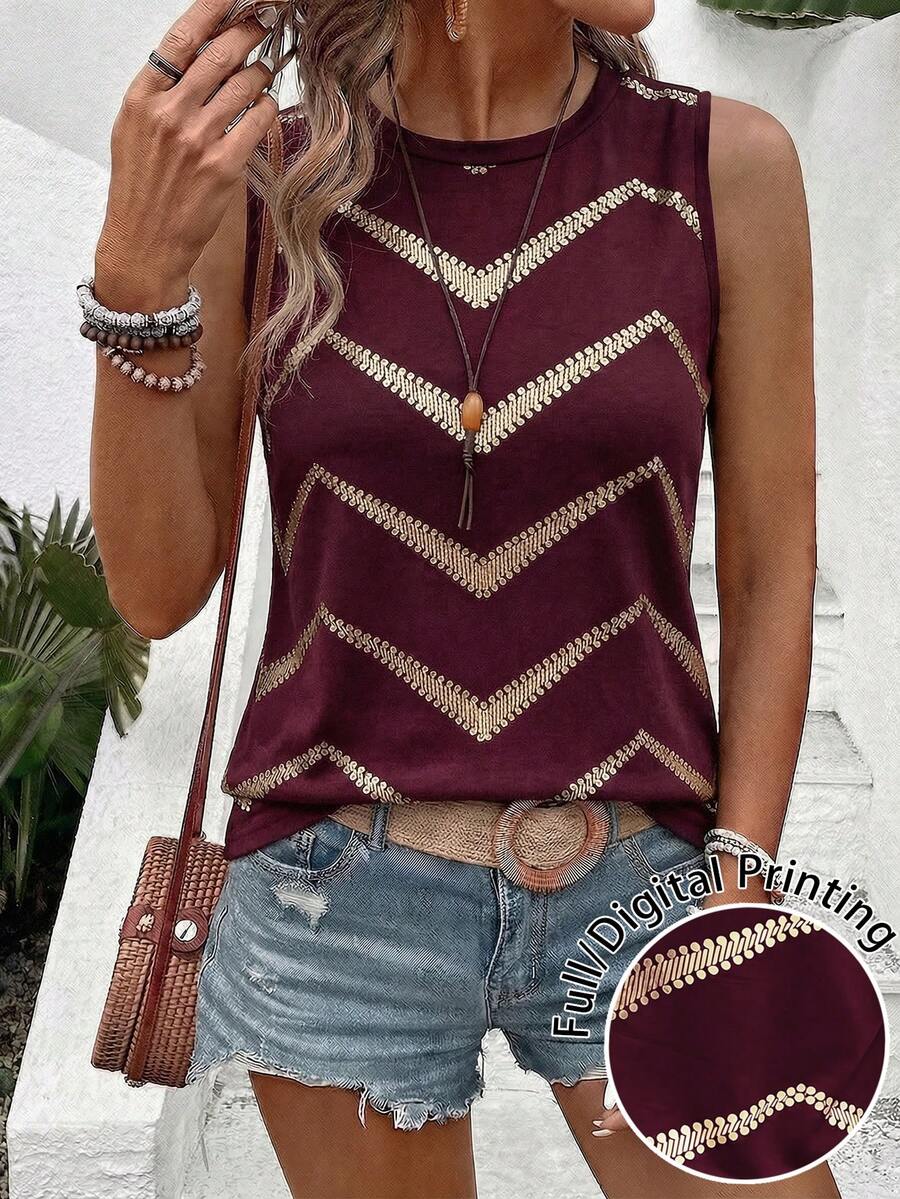 EMERY ROSE Women's Spring/Summer New Arrival Ombre Wavy Striped Print Round Neck Casual Boho Versatile Tank Top Vacation Burgundy And Gold Vacation - Multicolor - View 1