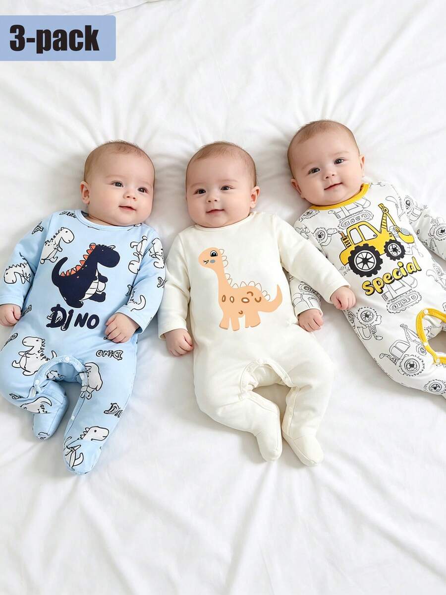 3件套新生儿恐龙印花连体衣，舒适休闲，居家户外皆宜，四季皆可穿着