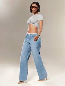Denimoi Celana Jeans Denim Low Rise Raw Edge Straight Leg, Jeans Low Rise, Jeans Denim Low Rise, Busana Modis Y2K, Jeans Seksi, Bawahan Seksi, Gaya Musim Panas, Busana Musim Panas untuk Wanita, Busana Konser - Medium Wash - View 3