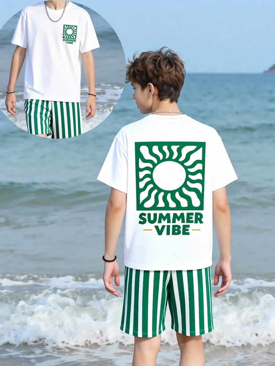 SHEIN 青少年男孩數位條紋與太陽夏季英文圖案短袖上衣與短褲套裝，春/夏休閒戶外運動圖案設計，適合戶外野餐、街拍、度假風格、日常穿著夏季套裝 - 彩色 - 查看 1