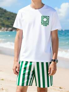 SHEIN 青少年男孩數位條紋與太陽夏季英文圖案短袖上衣與短褲套裝，春/夏休閒戶外運動圖案設計，適合戶外野餐、街拍、度假風格、日常穿著夏季套裝 - 彩色 - 查看 4