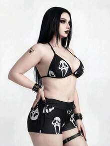 ROMWE Goth 大尺碼女款海灘度假幽靈臉印花側綁帶泳褲短褲 - 黑與白 - 查看 4