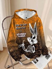LOONEY TUNES X SHEIN هودي رجالي بطبعة جمجمة ذات تدرج لوني وحرف، ، الخريف - أبيض - مشاهدة 1