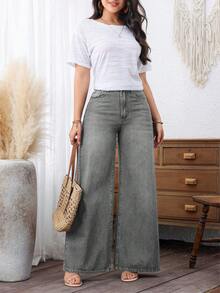 EMERY ROSE Plus Size Women's Pocket Button Casual Versatile Daily Outing Wide Leg Jeans - Grey - View 7