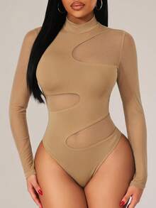 Radiana Khaki Women Fashion Asymmetric Cut Out Long Sleeve Mock Neck Bodysuit With Mesh Detail For Clubwear - Khaki - View 5