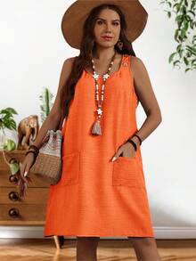 EMERY ROSE Plus Size Women's Summer Solid Color Double Pocket Design Sleeveless Casual Dress, Vacation,Orange - Orange - View 6
