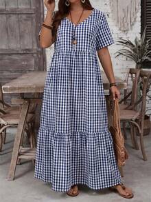EMERY ROSE Gaun Kasual Musim Panas Wanita Ukuran Besar Motif Gingham Leher V Lengan Pendek dengan Hem Berkerut, Biru dan Putih, Boho, Liburan, Hari Ibu, Pakaian Konser Country Barat - Biru - View 1