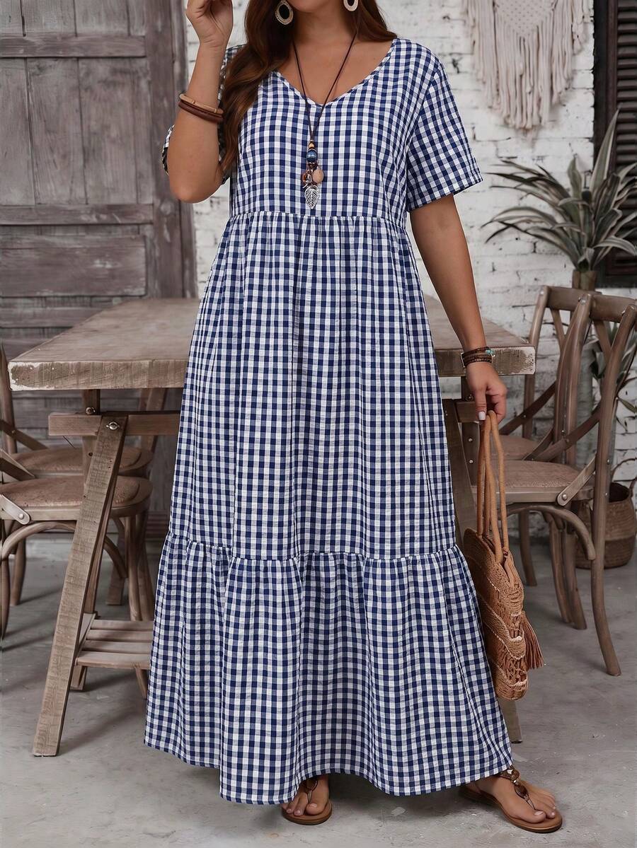 EMERY ROSE Gaun Kasual Musim Panas Wanita Ukuran Besar Motif Gingham Leher V Lengan Pendek dengan Hem Berkerut, Biru dan Putih, Boho, Liburan, Hari Ibu, Pakaian Konser Country Barat - Biru - View 1