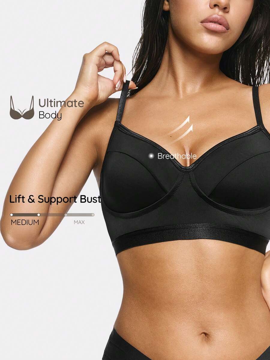 SHAPORA Camiseta de base sin costuras para mujer, ligera, suave, nítida y con forma, de textura fina y sedosa, ajustada a la piel pero no restrictiva, ligera y sin ataduras, moldeadora y estilizadora, de diseño simple y versátil, de unicolor clásico, de estilo minimalista y todo a juego - Negro - Ver 1