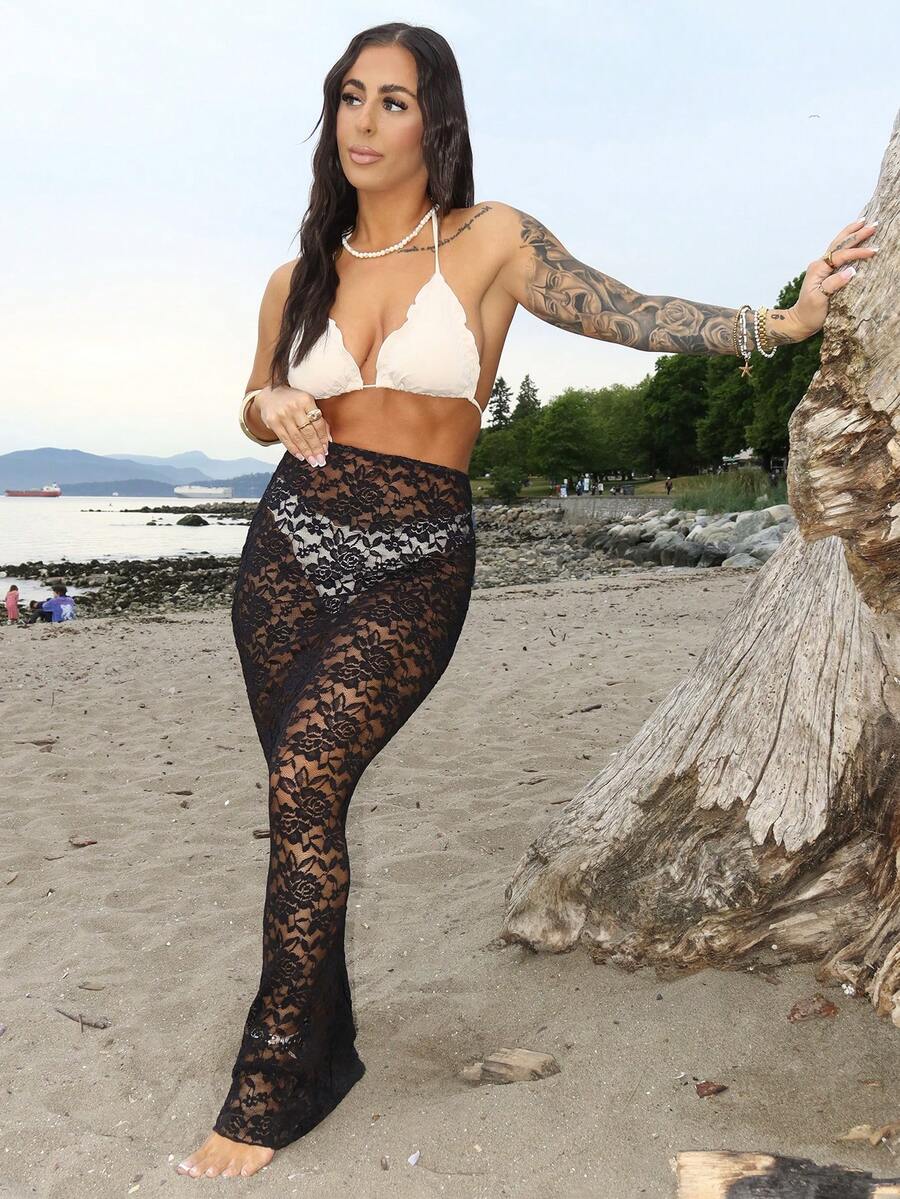SAYEHFBABY 1件白色網紗沙灘裙泳衣 女款 春夏度假款 黑色 - 黑色 - 查看 1