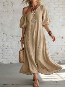SHEIN Holidaya Boho Jamican Sexy Tropical Asymmetrical Shoulder Puff Short Sleeve Dress Vacation Khaki Green Summer - Khaki - View 7