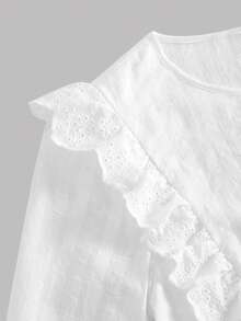 SHEIN 兒童青少年女童襯衫 春秋冬季新款 梭織白色休閒甜美優雅素色刺繡蕾絲拼接長袖上衣 娃娃風襯衫 開學季 時尚百搭 - 白色 - 查看 4