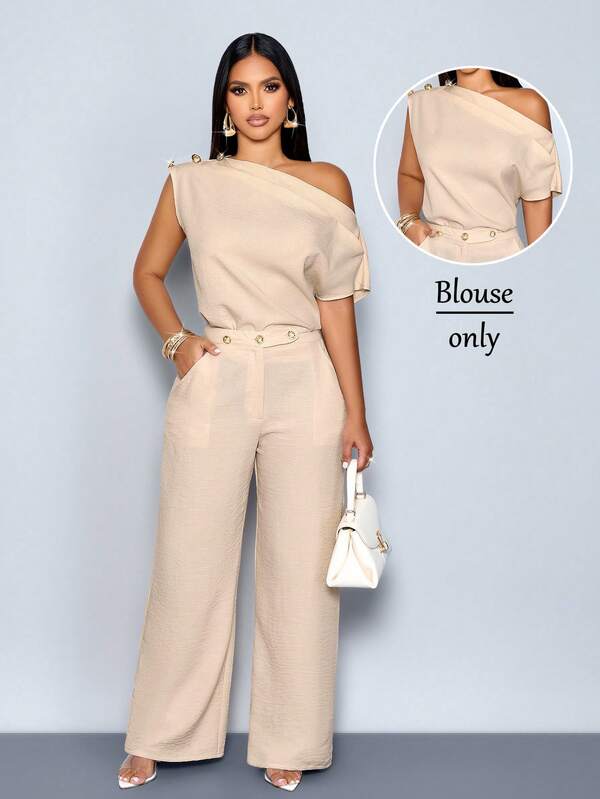 SOLERSUN Women's Elegant Beige Summer Asymmetrical Collar Sleeveless Metal Button Fitted Solid Blouse,One Shoulder Shirt Top For Office Date Brunch Evening