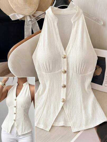 Selianne Women's Spring/Summer Metal Buckle Halter Neck Fitted Sleeveless Vest, Luxury Commute Party Date Wear Cream White Elegant