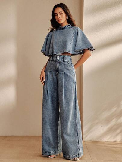 Anewsta Conjunto de 2 piezas de mujer de moda moderna en denim azul lavado, pantalones largos de pierna ancha con cintura alta + capa de manga corta, conjunto elegante de mujer