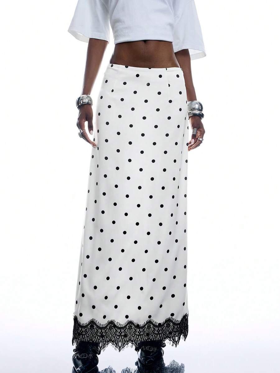 LYSMO Rok Panjang Wanita Motif Polkadot dengan Detail Renda Kontras - Hitam dan Putih - View 1