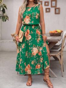 SHEIN LUNE Fresh Sweet Summer Lady Floral Print Elegant Fashion Sleeveless Plus Size Dress - Dark Green - View 5