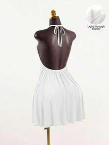 SaltGleam SaltGleam Women's Backless Halter Neck Solid Color Pleated Elegant Mini Dress - White - View 1