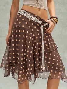 Bohemela Casual Boho Woven Printed Ruffle Hem Loose Asymmetrical Skirt Women's Skirt Vacation Brown Polka Dot Summer - Multicolor - View 8