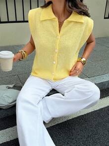 Siren Gaze Chaleco de punto ligero estilo francés, corte holgado, amarillo pálido, suave, con cuello, botones delanteros, versátil, casual, minimalista, ropa de trabajo, uso diario, otoño - Amarillo - Ver 5