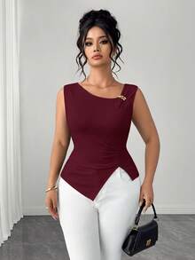 Elenzga Plus Size Women's Minimalist Elegant Sleeveless Tank Top With Split Hem - Burgundy - View 7