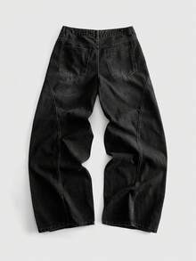 ROMWE MEN Men's Metal Button Print Loose Fit Jeans - Black - View 3
