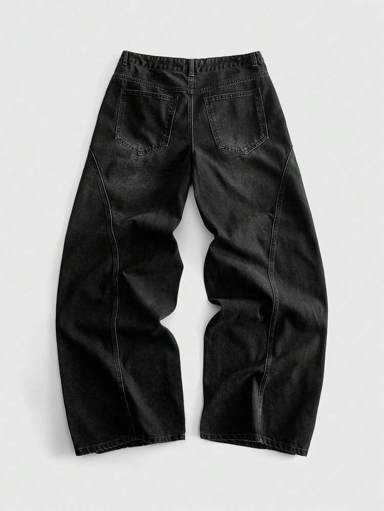 ROMWE MEN Men's Metal Button Print Loose Fit Jeans - Black - View 3