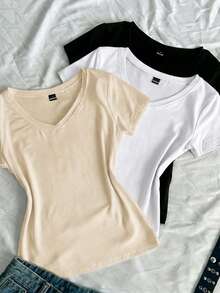 SHEIN EZwear 3件組女款夏季V領修身T恤，龐克次文化動漫風素色基本款短袖修身T恤 - 彩色 - 查看 4