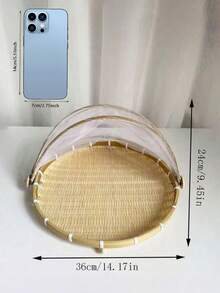 1pc Handwoven Food Service Tent Basket Tray, Fruit Outdoor Cover Insect Bamboo Woven Storage Basket Picnic Scoop Tool - Wood Color - View 3