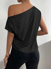 Vavine Solid Asymmetrical Neck Ruched Satin Blouse One Shoulder Top - Black - View 2