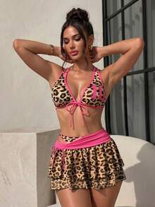 Sirith Conjunto de bikini de 3 piezas con estampado de leopardo y bloque de color, con parte delantera con lazo y espalda descubierta, talla grande falda de cobertura, para vacaciones de verano en la playa - Rosa - Ver 1