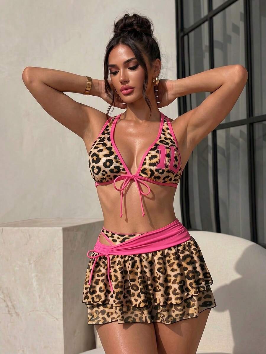 Sirith Conjunto de bikini de 3 piezas con estampado de leopardo y bloque de color, con parte delantera con lazo y espalda descubierta, talla grande falda de cobertura, para vacaciones de verano en la playa - Rosa - Ver 1
