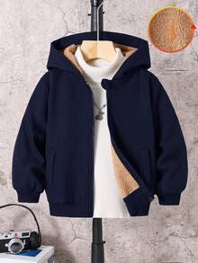 SHEIN 兒童小男孩時尚前拉鍊長袖連帽外套，秋冬日常穿著 - 藏蓝色 - 查看 2
