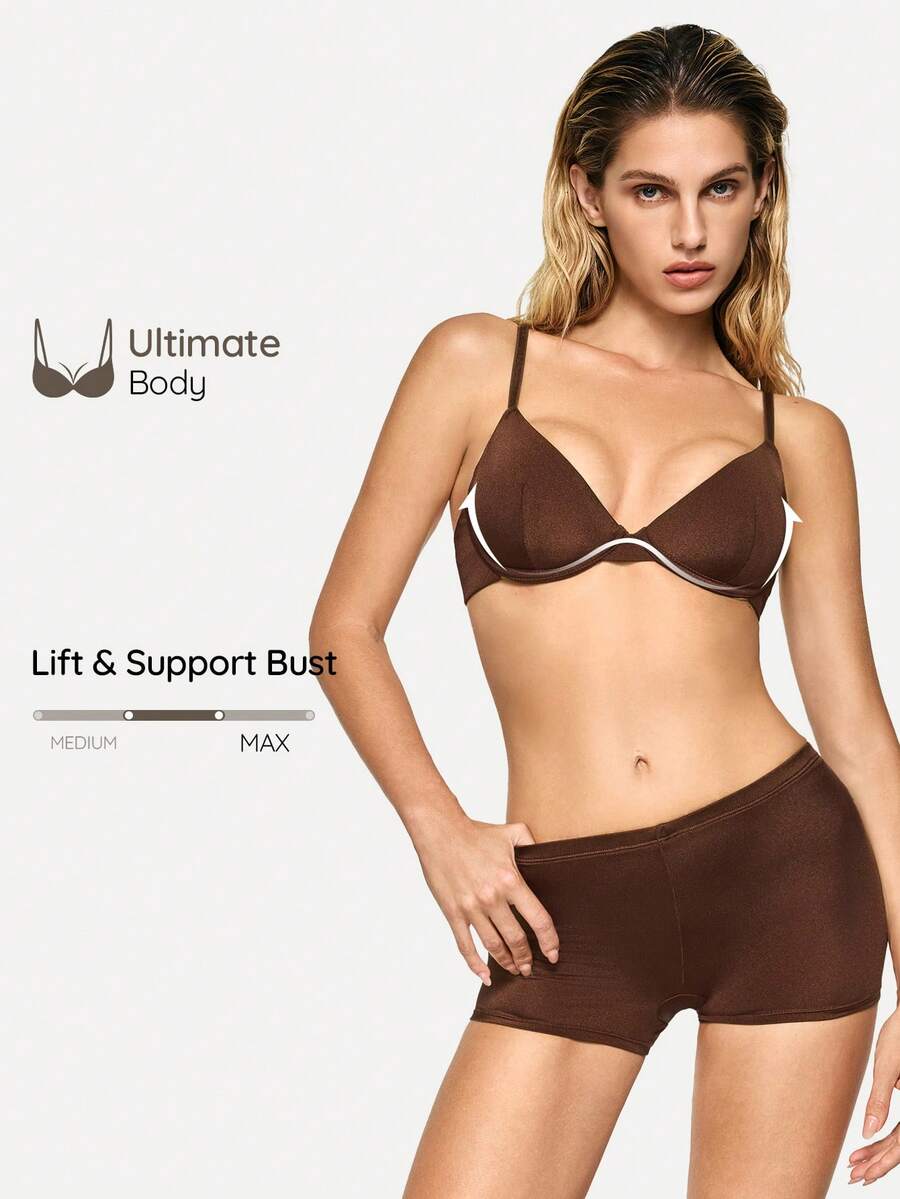 SHAPORA 1 Conjunto de Sujetador con Aros y Relleno Acolchado Marrón Oscuro y Braga a Juego para Mujer - Café integral - Ver 1