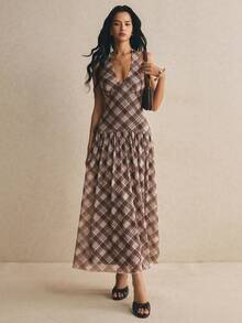 Poéselle Damen kariertes sexy Neckholder-Maxikleid mit tiefem V-Ausschnitt - Weiss - Übersicht 9