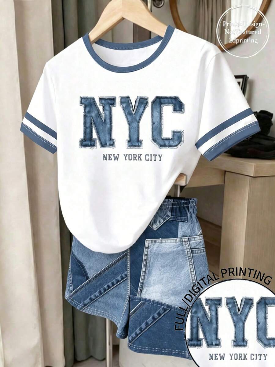 Teen Girls 2pcs/Set Digital English Graphic Print Short Sleeve & Shorts Mini Set, Spring/Summer Casual Comfortable Fashion, Versatile Summer Outfit - Multicolor - View 1